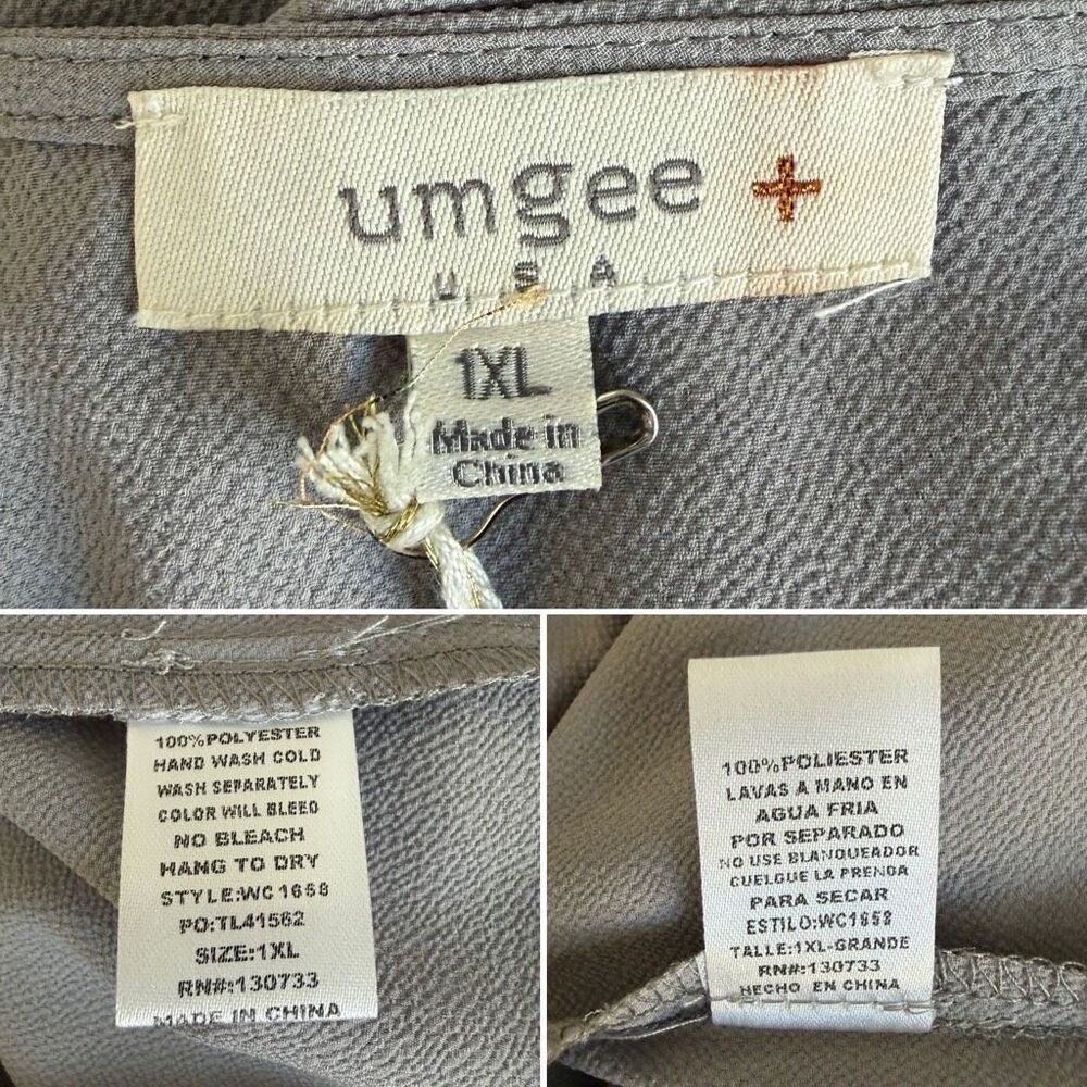 Umgee USA Plus Ruffle Sleeve Blouse Flowing Crepe Top Cool Grey Size 1X - Picture 9 of 12